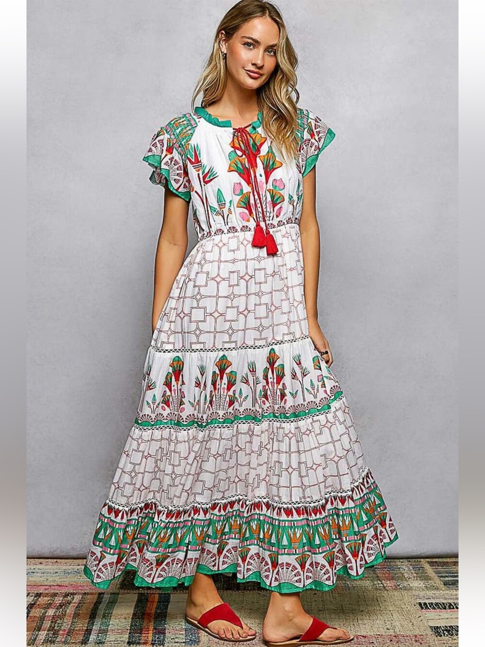 New: POL Stunning Boho Hand Stamped Tassel Tie Flowy Tiered Maxi Dress• Small